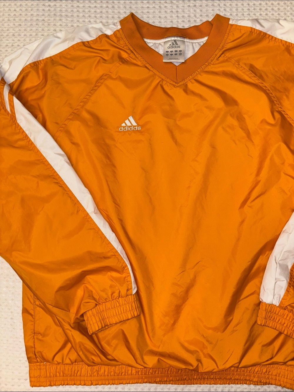 Vintage adidas MEDIUM Bright Yellow Orange Pullover Windbreaker White Stripes